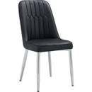 6 modern dining chairs, sleek PU backrest, and silver metal legs bring a comfortable home experience to the kitchen, bedroom, and office.Black PU Chairs with Simple Line Designs On The Backrest.
