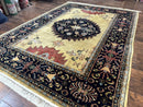 Indo Persian Heriz Rug 8x12, Camel Hair Tan and Navy Blue, Decorative