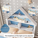 Full Size House-Shaped Bed with Bookcase Headboard and Led Light and Twin Size Trundle for Kids Boys Girls, Blue+ White