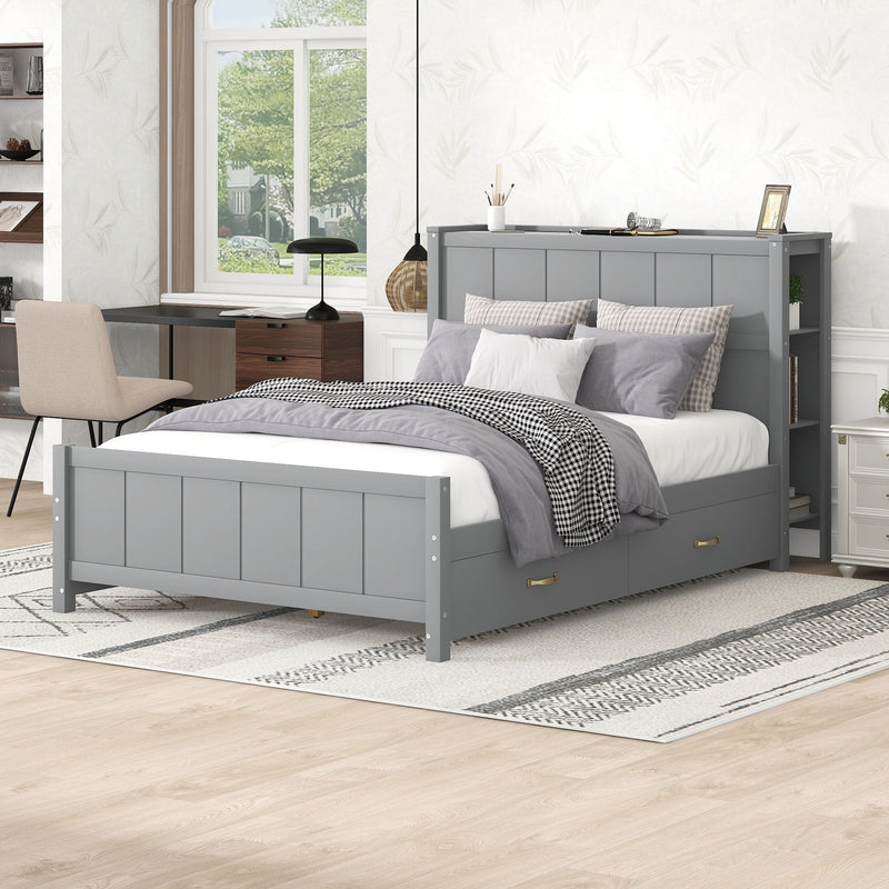 Full Size Platform Bed with Drawers and Storage Shelves, Gray