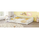 Queen Size Bed Floor Bed with Safety Guardrails and Door for Kids, White
