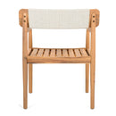 Creative Braided Acacia Wood Outdoor Dining Table and Chairs with Armrests, Teak Look & White Rope, Set of 2