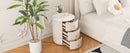 Upholstered Nightstand with 3 Drawers, Round Bedside Table with Metal Handles,Marbling Stickers Top Night Table for Bedroom, Fully Assembled Except Handles, Beige