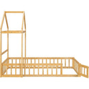Wooden Floor Bed with Fence Railings and Detachable House Shape Headboard, Twin Size Bed with Kids Dress Up Rack, Kids Montessori Style Playhouse Frame for Girls Boys, Natural