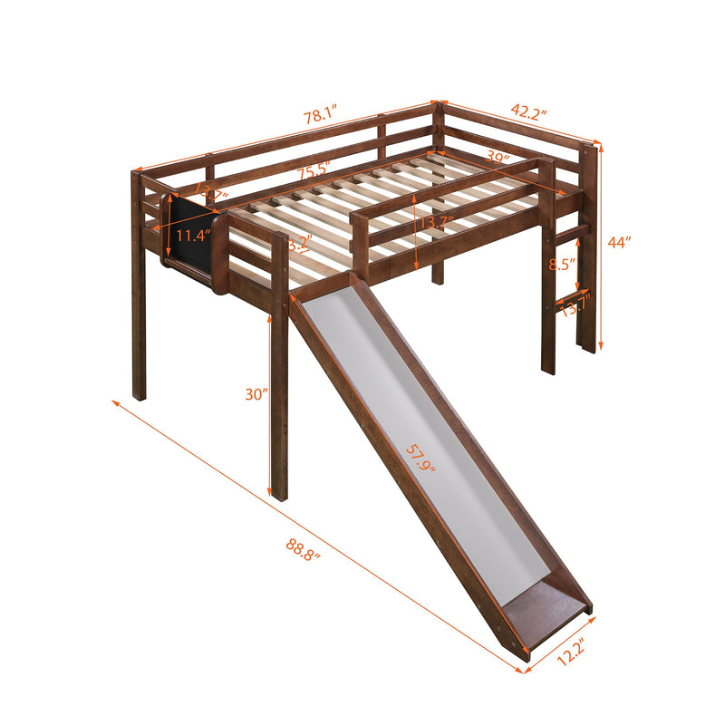 Twin size Loft Bed Wood Bed with Slide, Stair and Chalkboard,Walnut