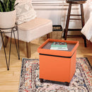 Orange Faux Leather Storage Ottoman With Wooden Tray