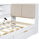 Wooden Twin Size L-shaped Daybed Corner Bed Under-bed Drawers  with Storage Bookcase and Upholstered Headboard and USB Charging Ports for Limited Space,White