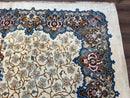 Persian Kashan Rug 9 x 12.6, Ivory and Blue, Floral Medallion, Wool Hand Knotted Semi Antique Carpet