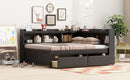 Full Size L-shaped Bookcases Bed with Power Outlets, USB Charging Ports,Two Drawers,Espresso