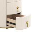 Upholstered Nightstand with 3 Drawers, Round Bedside Table with Metal Handles,Marbling Stickers Top Night Table for Bedroom, Fully Assembled Except Handles, Beige
