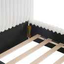 Sleek White Boucle Upholstered Bed with Wavy Headboard & Vertical Stitching, Queen