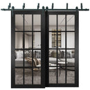 Felicia 3355 Matte Black Double Barn Door with 12 Lites Clear Glass | Black Bypass Rail