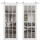 Felicia 3355 Matte White Double Barn Door with 12 Lites Clear Glass | Silver Finish Rail