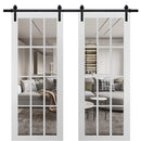 Felicia 3355 Matte White Double Barn Door with 12 Lites Clear Glass | Black Rail