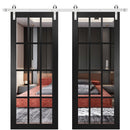 Felicia 3355 Matte Black Double Barn Door with 12 Lites Clear Glass | Silver Finish Rail