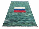 Sea Green Kilim Area Rug, White Blue Red Stripes, Russian Flag Rug, Flatweave Hand Knotted Carpet, Turkish Carpet, Wool, New, 5' 6" x 7' 10"