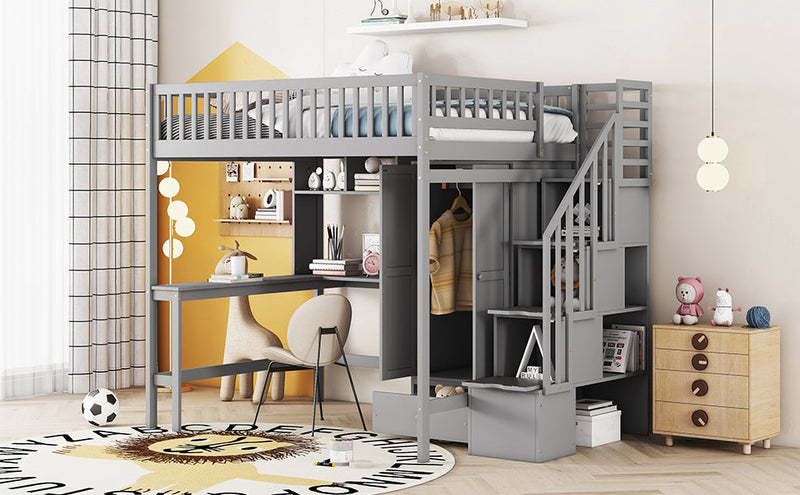 Full size Loft Bed with Bookshelf,Drawers,Desk,and Wardrobe-Gray