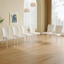 Modern minimalist dining chairs, white PU back and seat cushion, white metal legs, suitable for dining room,living room.Cream-Style dining chairs with a vertical line design on backrest.Six Pieces.