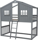 Gray Twin Over Twin House Bunk Bed With Roof For Kids