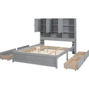 Queen Size Platform Bed with Storage Headboard and 4 Drawers, Gray