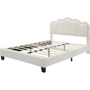 Full Size Upholstered Flower-Shape Bed, Elegant Flowers Headboard with LED Light Strip, Sherpa Fabric Platform Bed with Wooden Slats Support, White