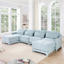 Elegant Four-Seater Sofa with Movable Ottoman and Lumbar Pillow in Sky Blue Chenille with Solid Wood Frame