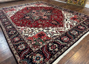 Indo Persian Heriz Rug 8x10, Geometric Medallion, Brick Red Ivory Navy Blue, Room Sized Heriz Carpet, Wool Rug