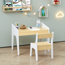 Kids Table Set with One Chair, Wooden Children Study Table, 2-8  Age Kids Funiture , White+Natural