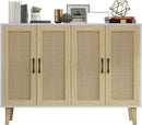 Buffet Storage Cabinet White Rattan Decor 4 Doors 48 Inch