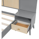 Queen Size Solid Wood Bed Frame with 2 Nightstands, Elegant Design with Lamps, Rattan and Wood Combination,Gray