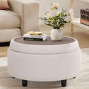 Beige Polyester Circular Storage Ottoman With Tray