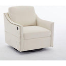 cream white fabric swivel rotating accent chair with USB and magazine book for living room and hotel bed room