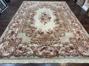 Aubusson Rug 8x12, European French Savonnerie Design, Thick Wool Pile, Elegant Rug, Cream Beige Light Green