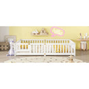 Queen Size Bed Floor Bed with Safety Guardrails and Door for Kids, White