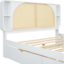 Queen Size Rattan Headboard Bed with Two Drawers and Trundle, White