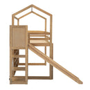 Walker Edison - Twin Size Wood House Loft bed with Slide, Storage shelves and Light, Climbing Ramp, Wood Color