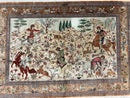 Silk Persian Qum Rug 3x5, Hunting Pattern, Handmade Vintage Carpet, Signed by Master Weaver, Horsemen Pictorials, Super Fine 650 KPSI