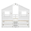 Full Size House Loft Bed with Roof, Windows,4 Storage Drawers,Pine Wooden Bed with Safety Guardrails,Ladder,White