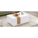 Modern 35.4 x 23.6 Inch Two-tone Coffee Table with Faux Marble and Walnut Wood Grain Finish, Rectangular Center Table with 2 Storage Drawers, Practical Cocktail Table for Living Room, White