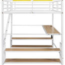 Full Size Metal Loft Bed with Desk, Storage Shelves and Charging Station, White