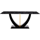 Black Marble Pattern Tempered Glass Dining Set - 71'x35.4' with 8 White and dark gray spliced PU Chairs With a Widened Backrest Design.