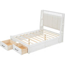 Full Size Wood Platform Bed with Upholstered Headboard and 2 Drawers, White