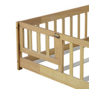 Twin Size Floor Bed with Fence and Door,Rubber Wood Floor Bed with Safety Guardrails,Natural