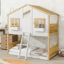 Twin over Twin House Bunk Bed with Roof, Window, Window Box, Door, with Safety Guardrails and Ladder, Natural/White