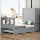 Twin Size Platform Bed with Storage Headboard and Footboard, Pull Out Shelves and Twin Size Trundle, Gray