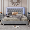 Full Size Upholstered Bed Frame with LED Lights,Modern Velvet Platform Bed with Tufted Headboard,Gray