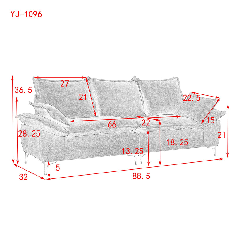 " 88.5 Modern Sailboat Sofa Dutch Velvet 3-Seater Sofa with Two Pillows for Small Spaces in Living Rooms, Apartments