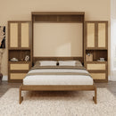 Full Size Solid Wood With Rattan Murphy Bed Cabinet Space-Saving Bed with 2 Side Cabinet Storage Shelves, Perfect for Guest Room, for Bed Room, Guest Room, Home Office, Walnut