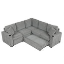 Multi-Functional Sectional Sofa Convertible Pull-out Bed with Storage Ottoman, USB Ports, Cup Holders, Chenille, Gray, 84.7'