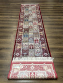 Turkish Silk Runner Rug 2.6 x 11.6, Panel Design, Dark Red Ivory, Bamboo Silk, New